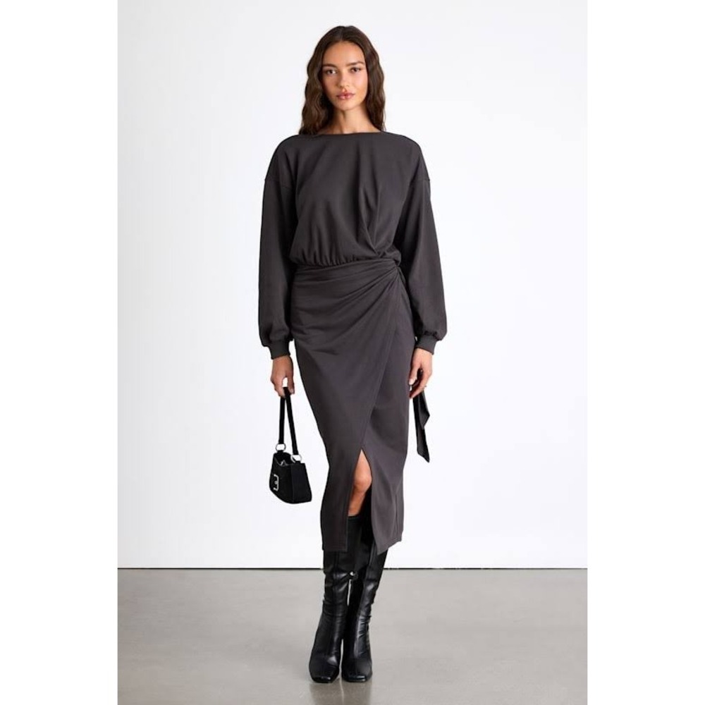 Lulus Jersey Knit Long Sleeve Wrap Midi Grey small‎